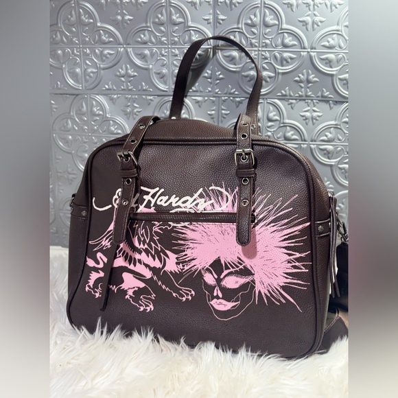 Ed Hardy nwt brown pink skull faux leather large tote weekender bag purse biker - Picture 5 of 10